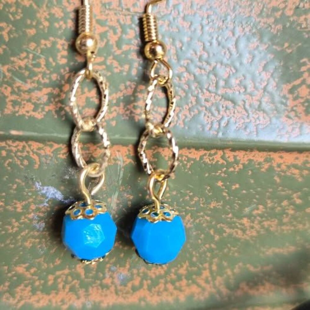 Sky Blue Faceted Acrylic Bead Dangle Earrings Gold Tone Minimalist Boho Jewelry